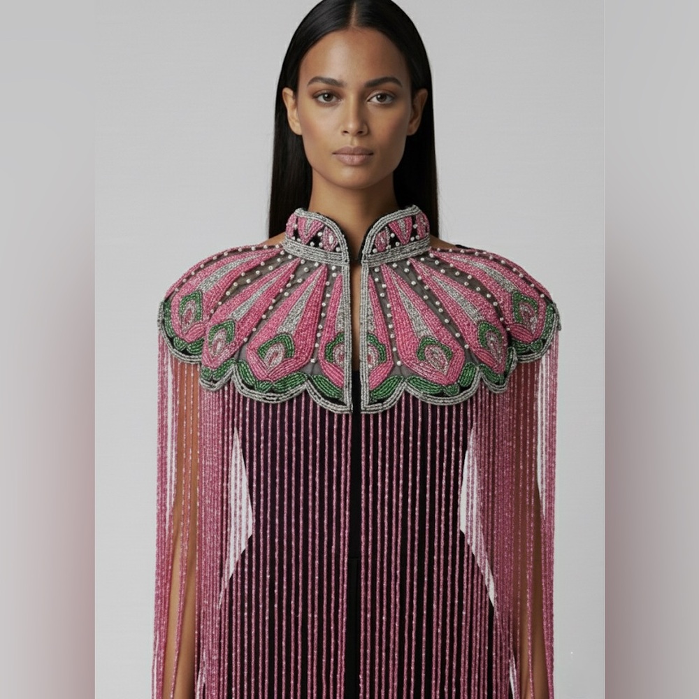 Pink Green and Pearls Hand beaded fringe Cape